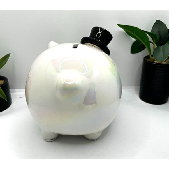 Ceramic Piggy Bank With Black Top Hat Iridescent Finish Coin Slot & Removable St - Picture 5 of 6
